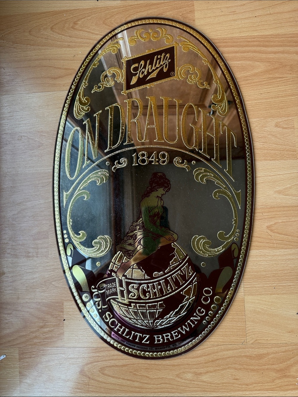 Vintage Gold & Black Schlitz Beer Oval Wall Mirror